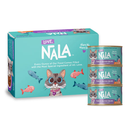 Nala Love cat food packaging showing a turquoise box and three stacked cans of Tuna & Salmon wet cat food on a white background.
