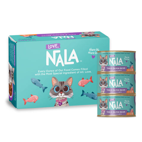 Nala Love cat food packaging showing a turquoise box and three stacked cans of Tuna & Salmon wet cat food on a white background.