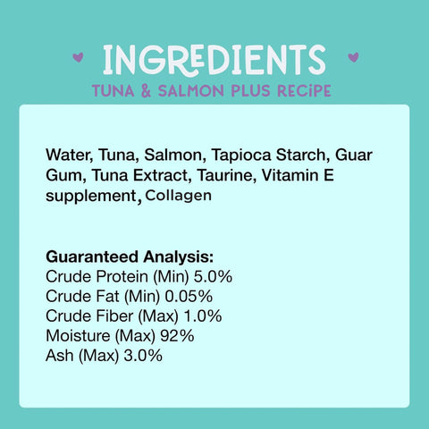 A digital graphic displaying the ingredient deck of the tuna & salmon plus recipe.