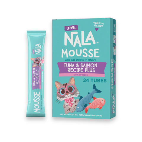 Nala Mousse wet cat treats in a turquoise box with a matching single stick pack beside it. The packaging features cartoon cat illustrations and reads 'Tuna & Salmon Recipe Plus' with '24 Tubes' on a white background.