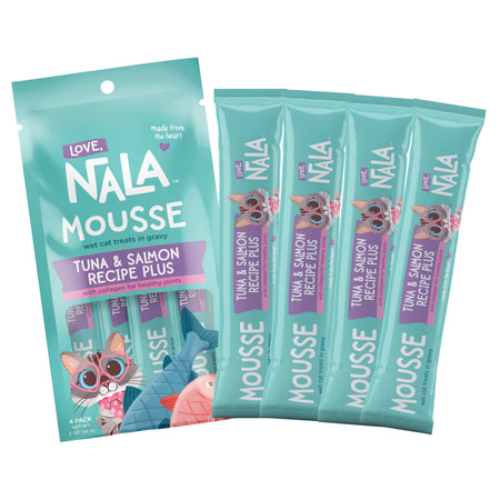 Nala Mousse wet cat treats in tuna & salmon recipe, showing a teal and green package of four individually wrapped stick packs.