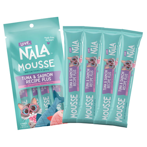 Nala Mousse wet cat treats in tuna & salmon recipe, showing a teal and green package of four individually wrapped stick packs.