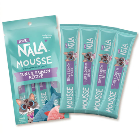 Nala Mousse wet cat treats in a teal pouch with four individual stick packs displayed in front, labeled Tuna & Salmon Recipe.