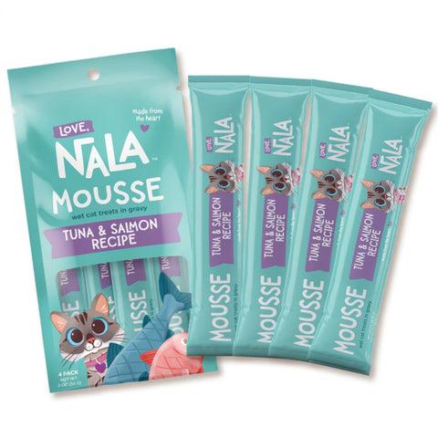 Nala Mousse wet cat treats in a teal pouch with four individual stick packs displayed in front, labeled Tuna & Salmon Recipe.