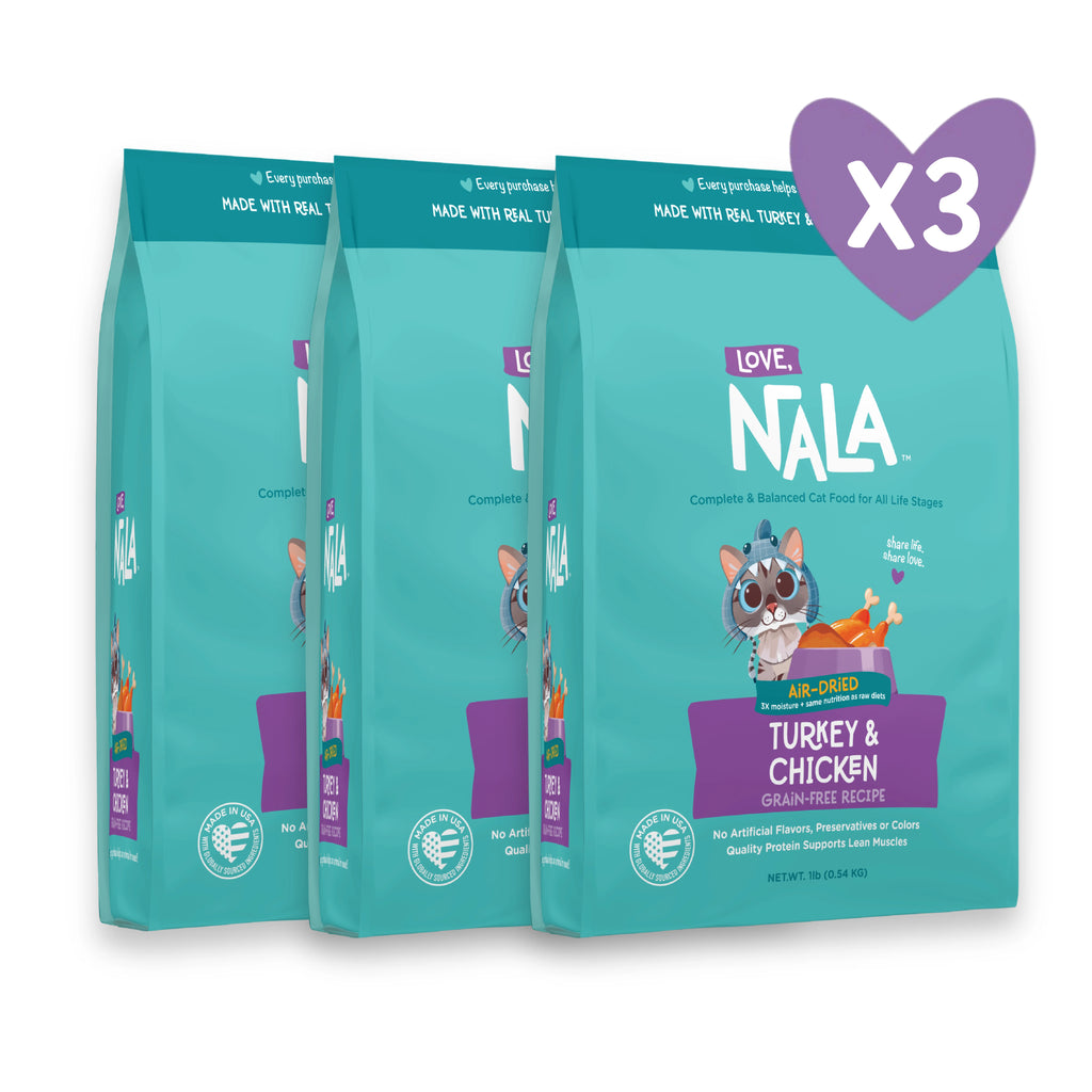 Three bags of Nala Love pet food, specifically Turkey & Chicken grain free recipe, shown in a 3-pack bundle with a purple heart-shaped 'x3' overlay on the top right.