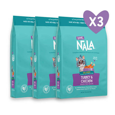 Three bags of Nala Love pet food, specifically Turkey & Chicken grain free recipe, shown in a 3-pack bundle with a purple heart-shaped 'x3' overlay on the top right.