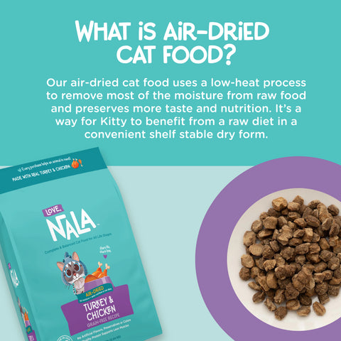 Promotional graphic for Love Nala air-dried cat food, featuring a teal bag labeled Turkey & Chicken, a plate of brown kibble pieces, and explanatory text about the low-heat air-drying process on a teal and purple background.