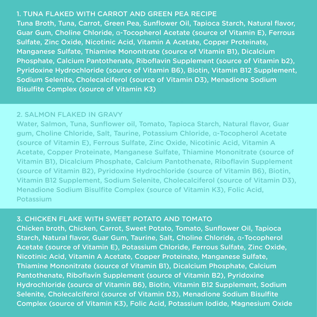 A light blue informational chart listing three tuna flake flavor options with their respective ingredient blends in black text.