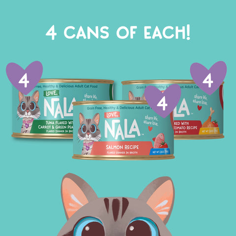 Promotional graphic showing four cans of NALA cat food arranged together on a teal background, with large white text reading '4 CANS OF EACH!' and purple heart overlays marked '4' above each can. A stylized cat face is visible at the bottom edge.