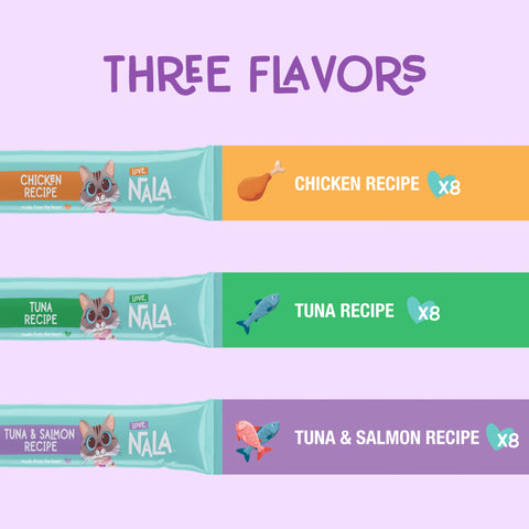 Promotional graphic for Nala cat treats showing three flavor strips: Chicken Recipe, Tuna Recipe, and Tuna & Salmon Recipe, each with an illustrated strip and the text 'THREE FLAVORS' on a light lavender background.