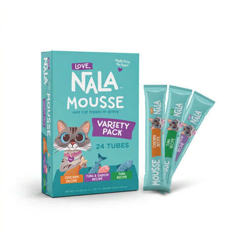Nala Mousse wet cat treats variety pack box with three individual tube packets standing beside it on a clean white background.