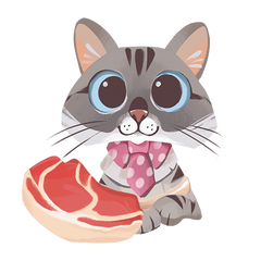 A cute Love, Nala cartoon cat with large blue eyes, gray tabby fur, and a pink polka-dot bow tie, holding a raw steak on a plain white background.