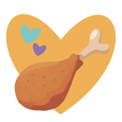 A stylized illustration of a fried chicken leg with bone attached, overlaid on a large mustard-yellow heart shape with two small hearts in light blue and purple on a white background.