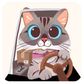 A stylized cartoon illustration of a gray tabby cat with large blue eyes driving a car, holding a cardboard package near the gear shift, on a light cream background.