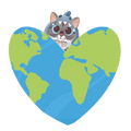 A cartoon illustration of a gray cat wearing round blue goggles and peeking over a heart-shaped globe with blue oceans and green landmasses on a white background.