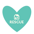 A teal heart-shaped sticker or decal with a white house icon and the word 'RESCUE' printed in white, centered on a plain white background.