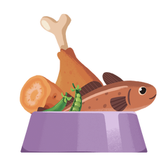 A stylized illustration of a purple pet food bowl filled with Love, Nala cat food, including a brown bone, a carrot slice, green peas, and a brown fish-shaped piece, on a white background.