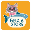 A square graphic with rounded corners on a white background. The design shows a cartoon gray cat wearing pink heart-shaped glasses and a pink polka-dot bow tie behind a large blue fish.