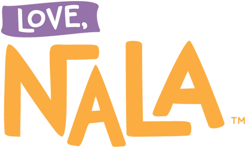 Logo with 'LOVE, NALA' text in orange and purple on a white background