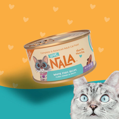 Can of Nala cat food with a cat's face in the foreground on a colorful background