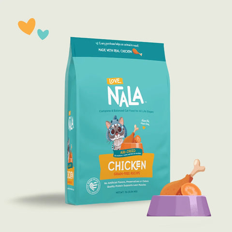 Love Nala cat food package with chicken flavor on a light beige background