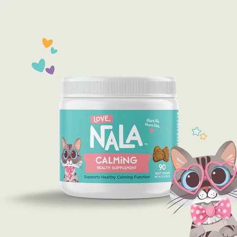 Nala calming health supplement jar with cartoon cat illustration on a light background