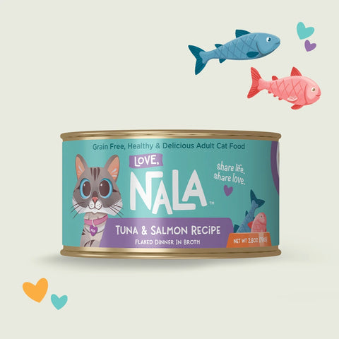 Nala cat food can with cartoon cat and fish illustrations on a light background