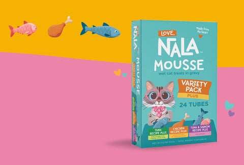 Nala Mousse cat treats packaging on a colorful background with cartoon fish and heart shapes.