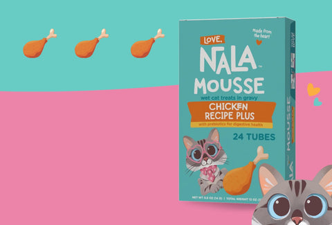 Nala Mousse cat treat box with cartoon cats and chicken pieces on a colorful background