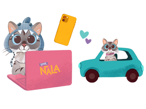 A colorful cartoon illustration featuring two cats: one wearing a shark hood and sitting at a pink laptop with 'LOVE NALA' on the lid, and the other sitting in a teal car with a purple bow tie. A yellow smartphone floats above them on a plain white background.