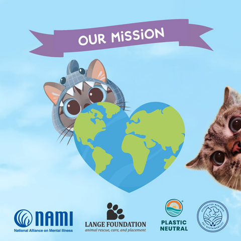 A light blue graphic with the text 'OUR MISSION' on a purple banner above a cartoon cat wearing glasses and a mask holding a heart-shaped globe. Nala cat's face peeks in from the right side.