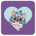 A stylized illustration of a gray tabby cat with large blue eyes wearing a blue plaid dinosaur hood, centered inside a light blue heart shape on a purple rounded square background.