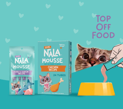 Nala Mousse wet cat food packaging shown against a teal background with heart motifs, alongside a cartoon hand pouring wet cat food into a yellow bowl and the text 'TOP OFF FOOD.' Nala cat is peeking at the treats. 